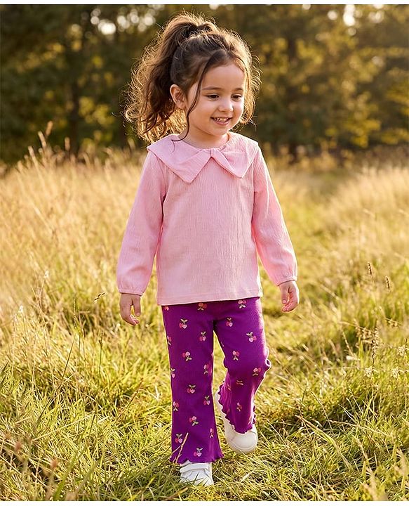 Babyhug Crinkle Knit Full Sleeves Top & Pant with Heart Print - Pink & Purple