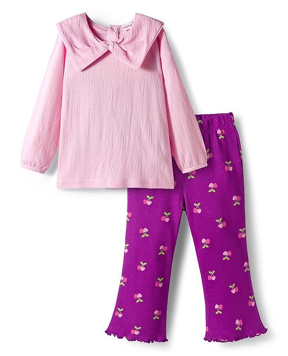 Babyhug Crinkle Knit Full Sleeves Top & Pant with Heart Print - Pink & Purple