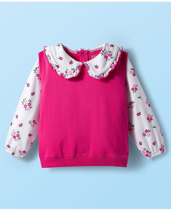 Babyhug 100% Cotton Single Jersey Knit Full Sleeves Top & Pant Set With Floral Print - Pink