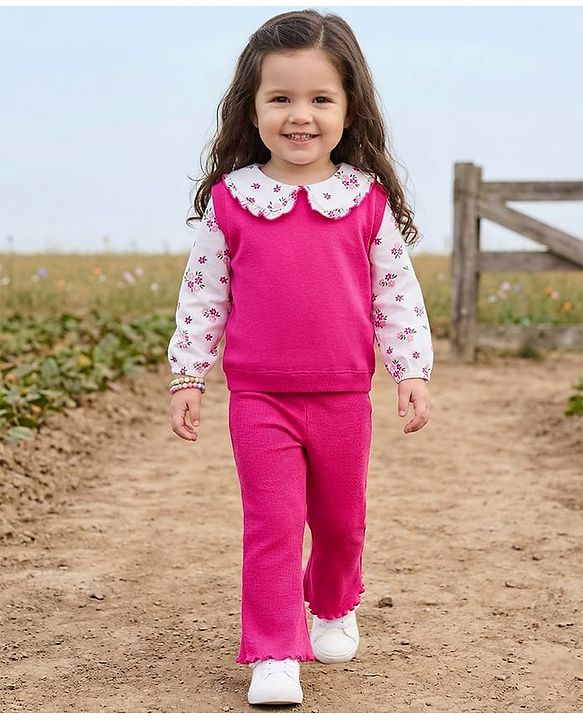 Babyhug 100% Cotton Single Jersey Knit Full Sleeves Top & Pant Set With Floral Print - Pink