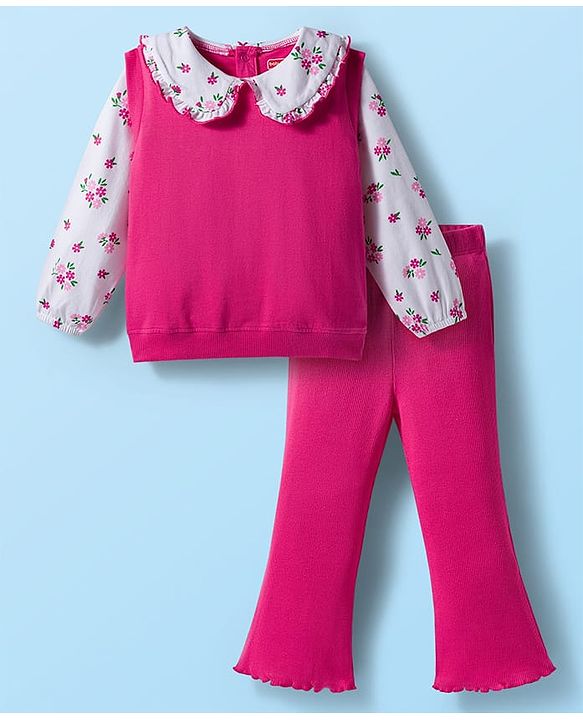 Babyhug 100% Cotton Single Jersey Knit Full Sleeves Top & Pant Set With Floral Print - Pink