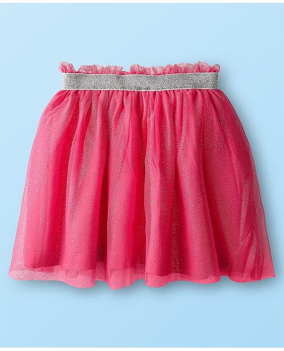Babyhug Single Jersey Knit Frill Sleeves Top & mesh Skirt Set With Text Print - White & Pink