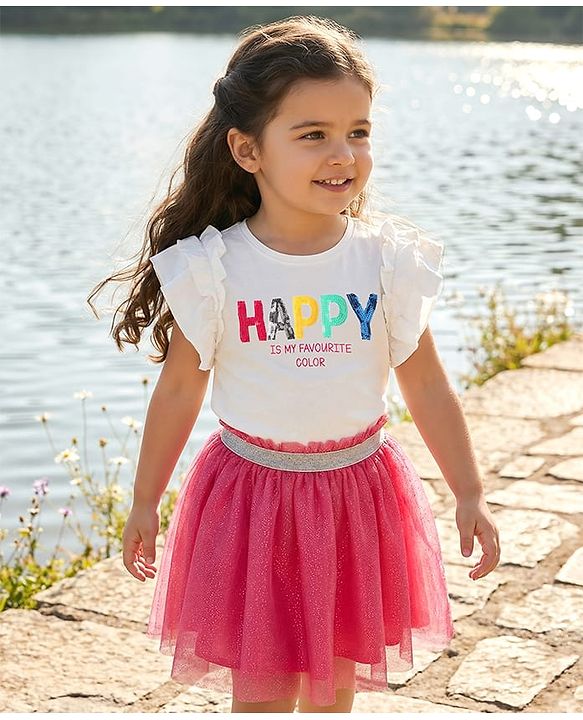 Babyhug Single Jersey Knit Frill Sleeves Top & mesh Skirt Set With Text Print - White & Pink