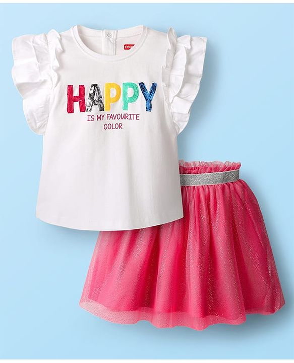 Babyhug Single Jersey Knit Frill Sleeves Top & mesh Skirt Set With Text Print - White & Pink