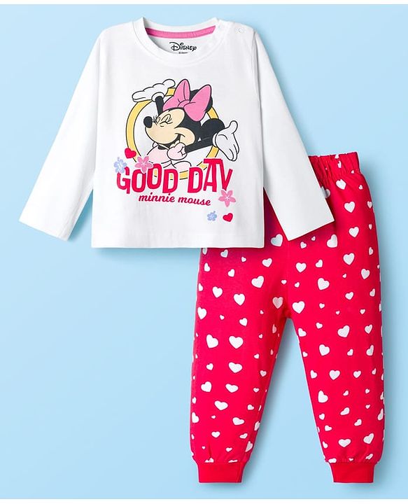 Babyhug Disney Single Jersey Knit Full Sleeves Night Suit With Minnie Mouse Graphics - White & Red