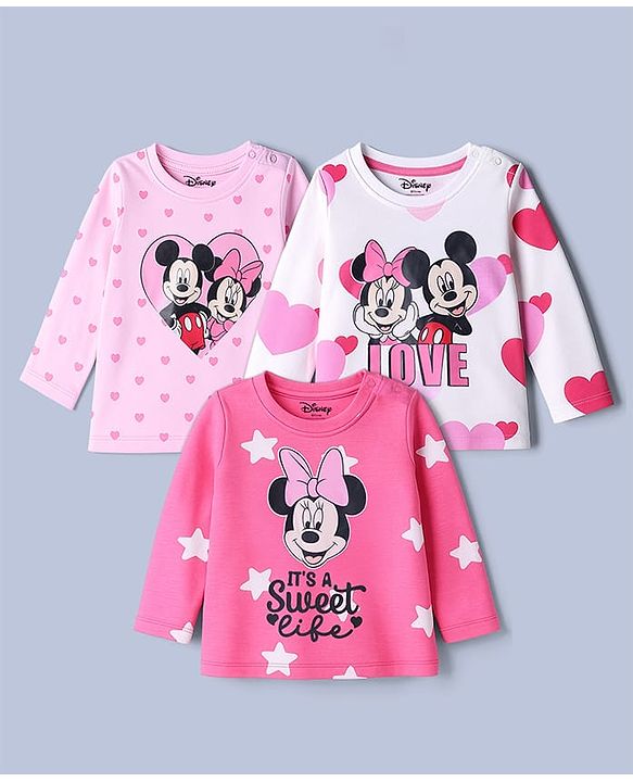Babyhug Disney Single Jersey Knit Full Sleeves T-Shirts with Minnie & Friends Graphics Pack of 3 - Pink & White