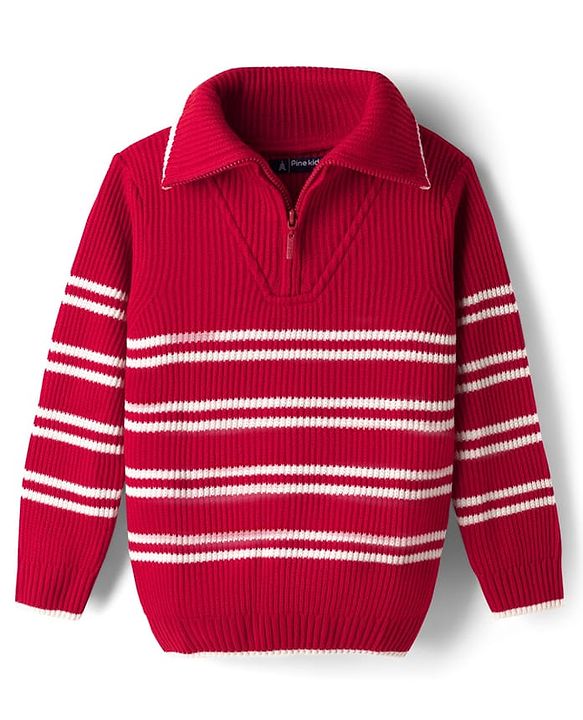Pine Kids Knit Full Sleeves Pullover Sweater with Stripes - Red