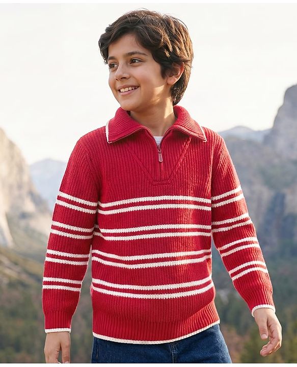 Pine Kids Knit Full Sleeves Pullover Sweater with Stripes - Red