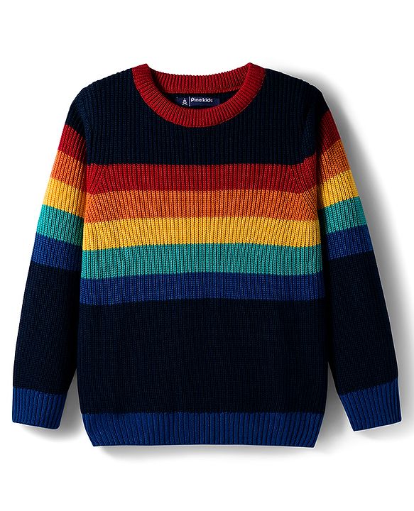 Pine Kids Knit Full Sleeves Pullover Sweater with Stripe Design - Navy Blue Yellow & Red
