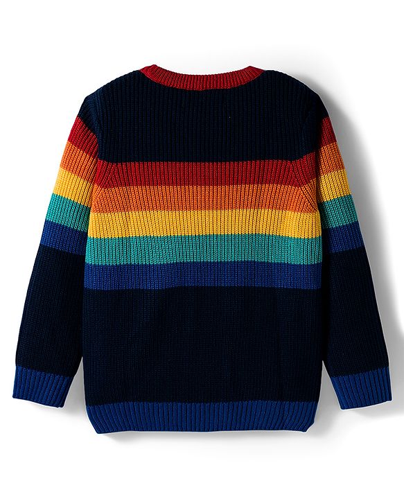 Pine Kids Knit Full Sleeves Pullover Sweater with Stripe Design - Navy Blue Yellow & Red