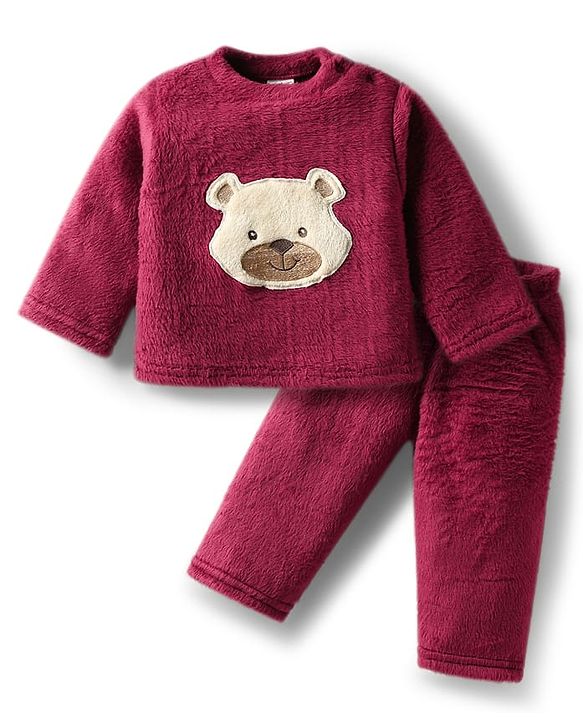 Babyhug Velour Knit Full Sleeves Winter wear Night Suit With Bear Patch - Wine