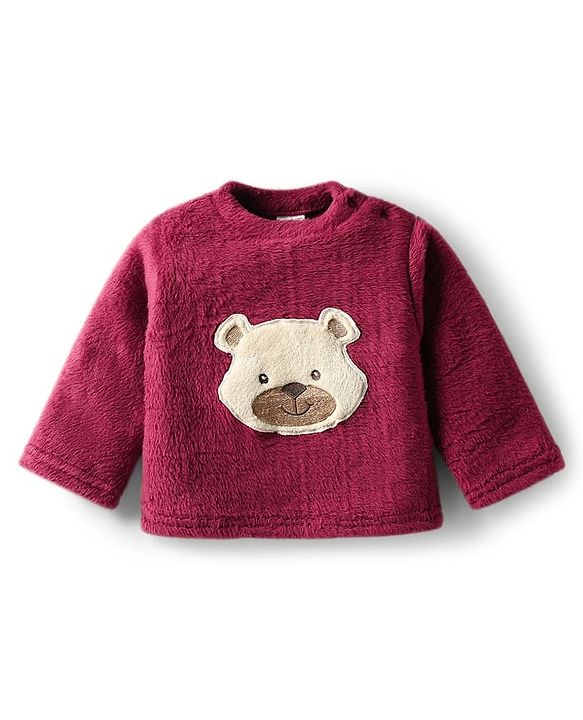 Babyhug Velour Knit Full Sleeves Winter wear Night Suit With Bear Patch - Wine