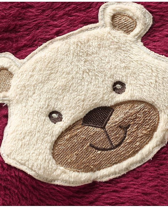 Babyhug Velour Knit Full Sleeves Winter wear Night Suit With Bear Patch - Wine