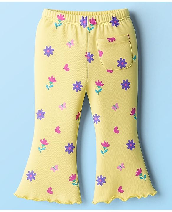 Babyhug Cotton Lycra Knit Full Length Leggings With Floral Print & Stretch - Yellow