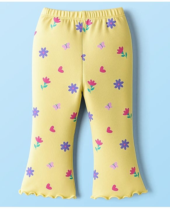Babyhug Cotton Lycra Knit Full Length Leggings With Floral Print & Stretch - Yellow