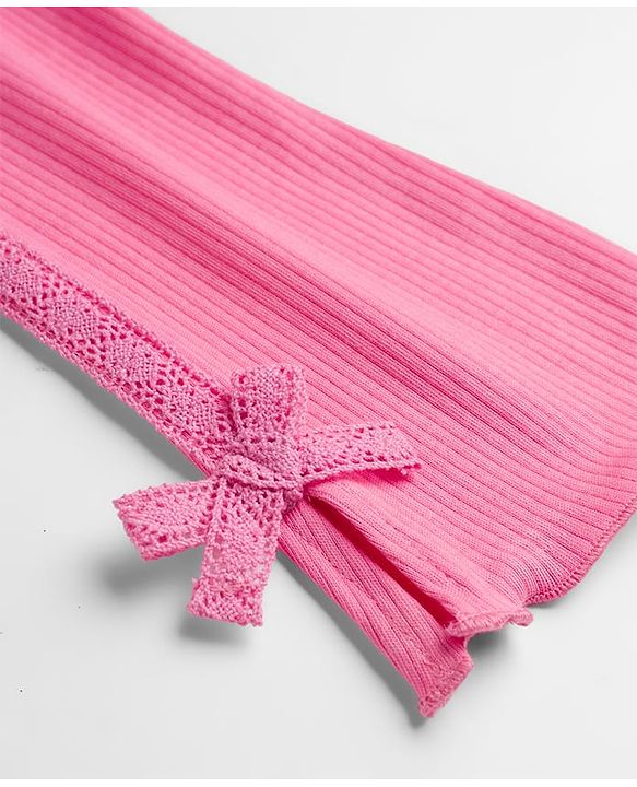 Babyhug Rib Cotton Lycra Knit Full Length Leggings with Stretch & Bow Applique - Pink