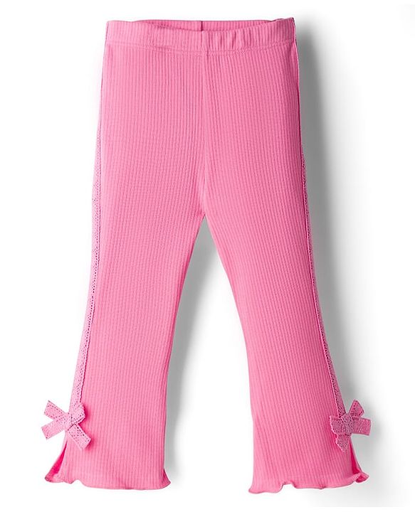 Babyhug Rib Cotton Lycra Knit Full Length Leggings with Stretch & Bow Applique - Pink
