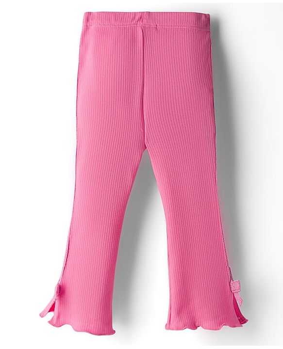 Babyhug Rib Cotton Lycra Knit Full Length Leggings with Stretch & Bow Applique - Pink