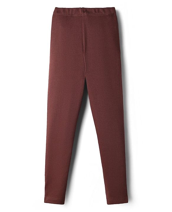 Babyhug Rib Cotton Lycra Knit Full Length Solid Color Leggings With Stretch - Brown