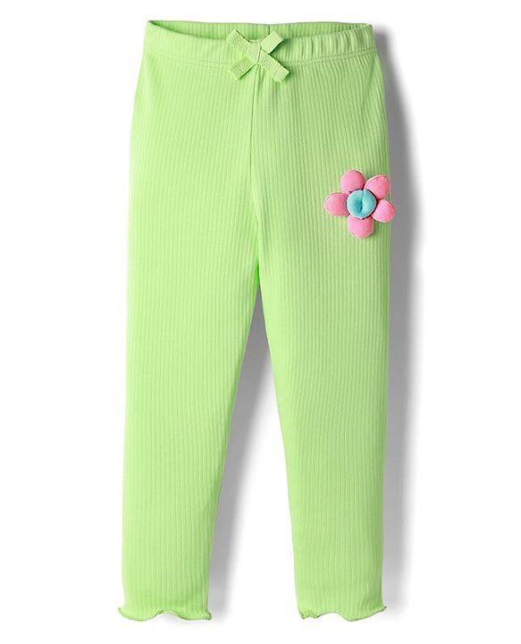 Babyhug Rib Cotton Knit Full Length Leggings With Stretch & Floral Applique - Green