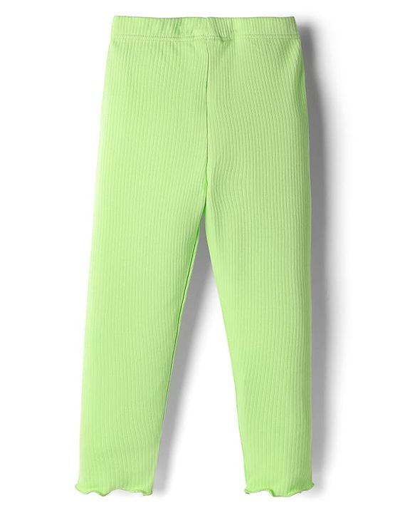 Babyhug Rib Cotton Knit Full Length Leggings With Stretch & Floral Applique - Green