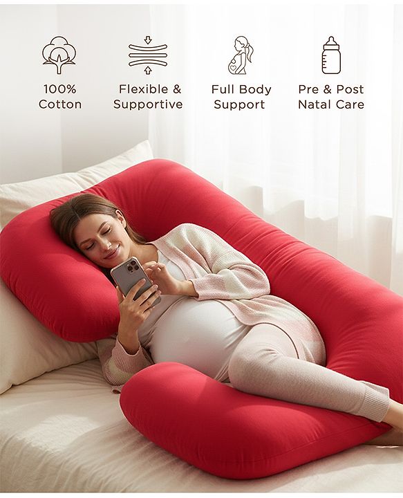 Babyhug 100% Cotton Flexible & Supportive U Shape Maternity Pillow- Maroon| Soft Yet Firm| Breathable Fabric| Sleep Feeding & Back Support| Pre & Post Natal| Promotes Peaceful Sleep| Full Body Support