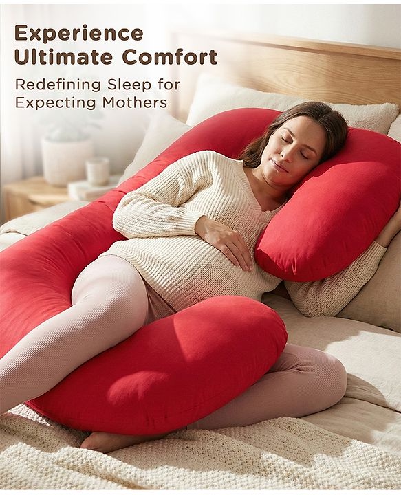 Babyhug 100% Cotton Flexible & Supportive U Shape Maternity Pillow- Maroon| Soft Yet Firm| Breathable Fabric| Sleep Feeding & Back Support| Pre & Post Natal| Promotes Peaceful Sleep| Full Body Support