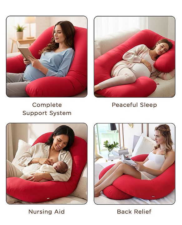 Babyhug 100% Cotton Flexible & Supportive U Shape Maternity Pillow- Maroon| Soft Yet Firm| Breathable Fabric| Sleep Feeding & Back Support| Pre & Post Natal| Promotes Peaceful Sleep| Full Body Support