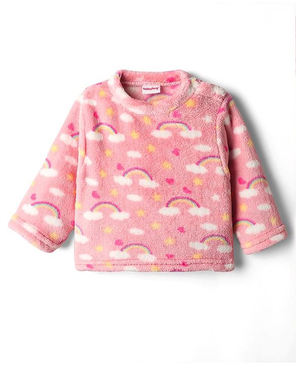 Babyhug Velour Knit Full Sleeves Winter Wear Co-ords Night Suit With Heart Print - Pink