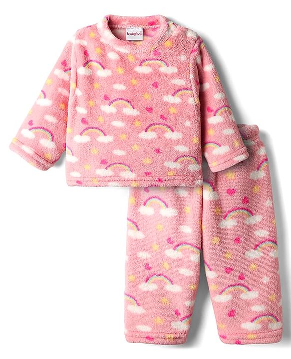 Babyhug Velour Knit Full Sleeves Winter Wear Co-ords Night Suit With Heart Print - Pink