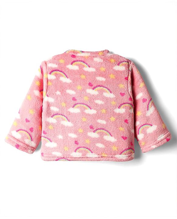 Babyhug Velour Knit Full Sleeves Winter Wear Co-ords Night Suit With Heart Print - Pink