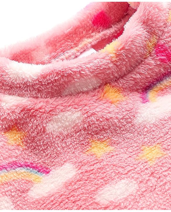 Babyhug Velour Knit Full Sleeves Winter Wear Co-ords Night Suit With Heart Print - Pink
