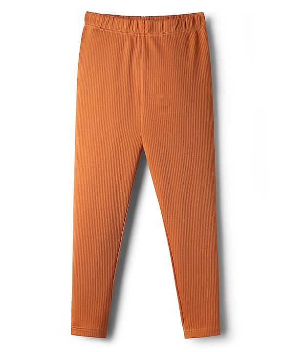 Babyhug Rib Cotton Lycra Knit Full Length Solid Color Leggings With Stretch - Brown