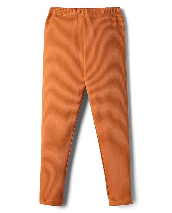 Babyhug Rib Cotton Lycra Knit Full Length Solid Color Leggings With Stretch - Brown