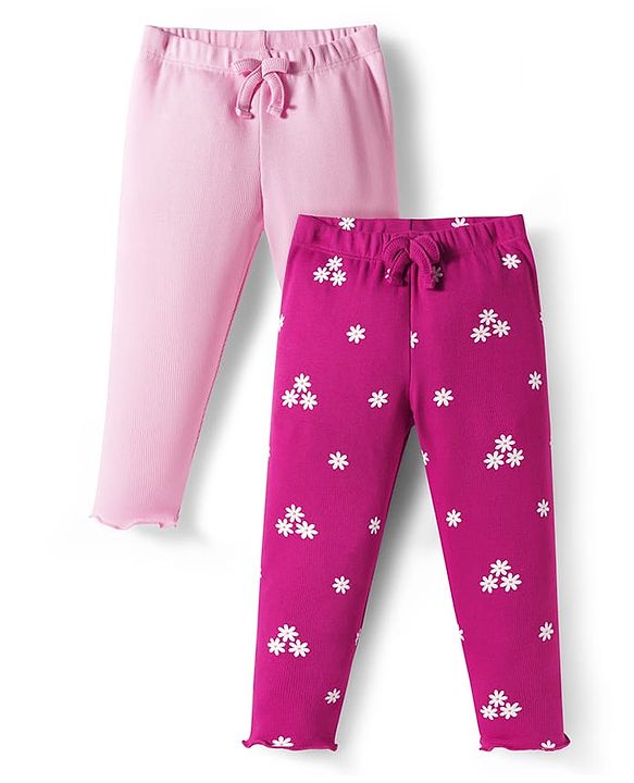 Babyhug Cotton Lycra Rib Knit Full Length Leggings With Stretch & Floral & Bow Applique Pack of 2 - Pink & Dark Pink