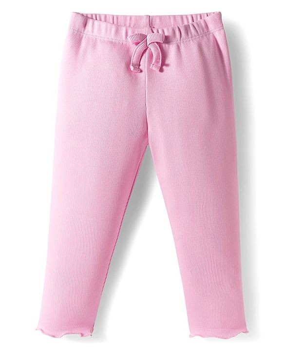 Babyhug Cotton Lycra Rib Knit Full Length Leggings With Stretch & Floral & Bow Applique Pack of 2 - Pink & Dark Pink