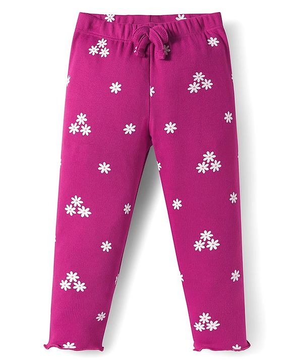 Babyhug Cotton Lycra Rib Knit Full Length Leggings With Stretch & Floral & Bow Applique Pack of 2 - Pink & Dark Pink