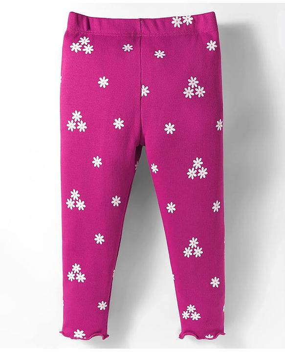 Babyhug Cotton Lycra Rib Knit Full Length Leggings With Stretch & Floral & Bow Applique Pack of 2 - Pink & Dark Pink