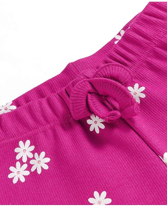 Babyhug Cotton Lycra Rib Knit Full Length Leggings With Stretch & Floral & Bow Applique Pack of 2 - Pink & Dark Pink