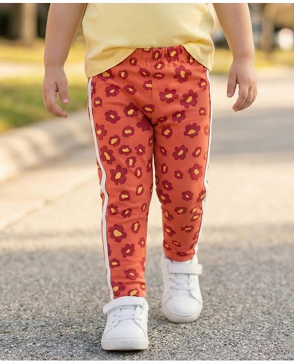 Babyhug Cotton Lycra Knit Full Length Leggings With Stretch & Floral Print - Rust Orange