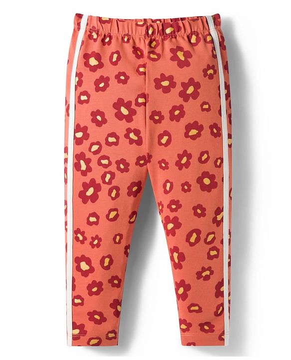 Babyhug Cotton Lycra Knit Full Length Leggings With Stretch & Floral Print - Rust Orange