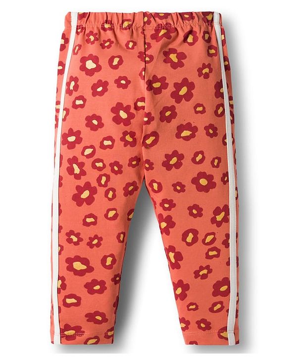 Babyhug Cotton Lycra Knit Full Length Leggings With Stretch & Floral Print - Rust Orange