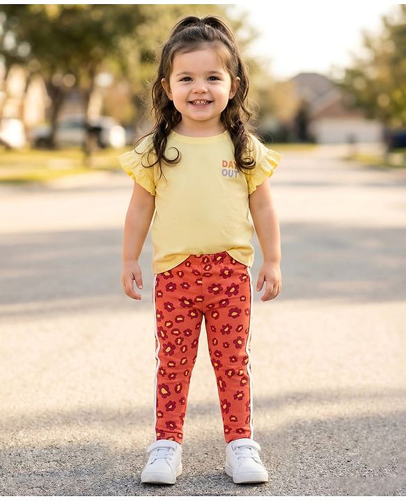 Babyhug Cotton Lycra Knit Full Length Leggings With Stretch & Floral Print - Rust Orange