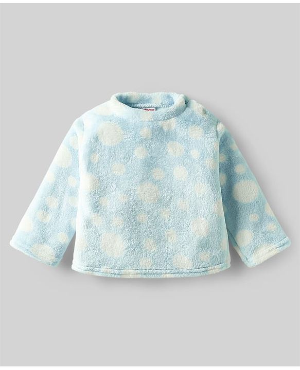 Babyhug Velour Knit Full Sleeves Co-ords Night Suit With Polka Dots - Light Blue