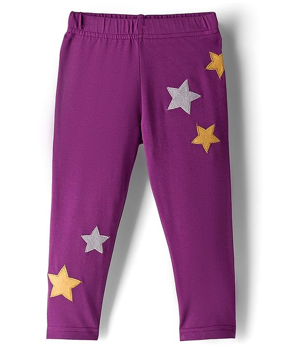 Babyhug Cotton Lycra Full Length Legging with Stretch & Stars Embroidery - Purple