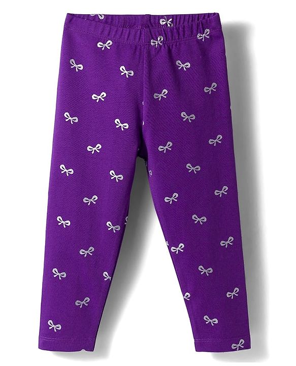Babyhug Cotton Lycra Knit Full Length Leggings with Stretch & Bow Print - Purple