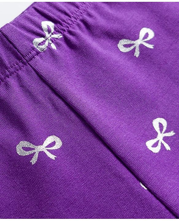 Babyhug Cotton Lycra Knit Full Length Leggings with Stretch & Bow Print - Purple