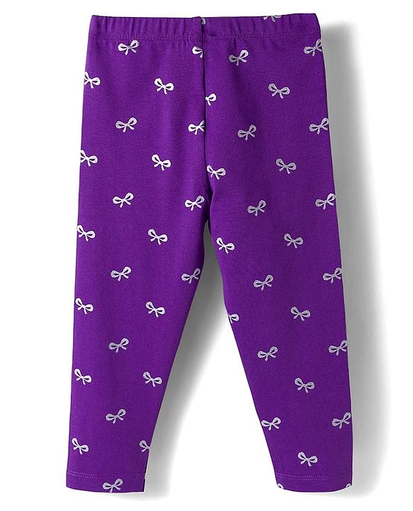 Babyhug Cotton Lycra Knit Full Length Leggings with Stretch & Bow Print - Purple