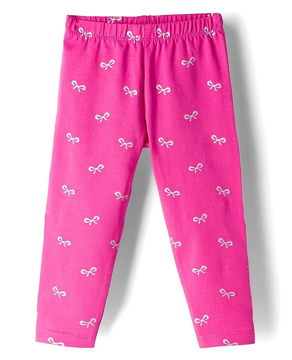 Babyhug Cotton Lycra Knit Full Length Leggings with Stretch & Bow Print - Pink