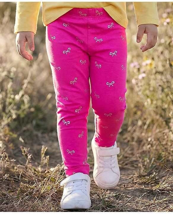 Babyhug Cotton Lycra Knit Full Length Leggings with Stretch & Bow Print - Pink